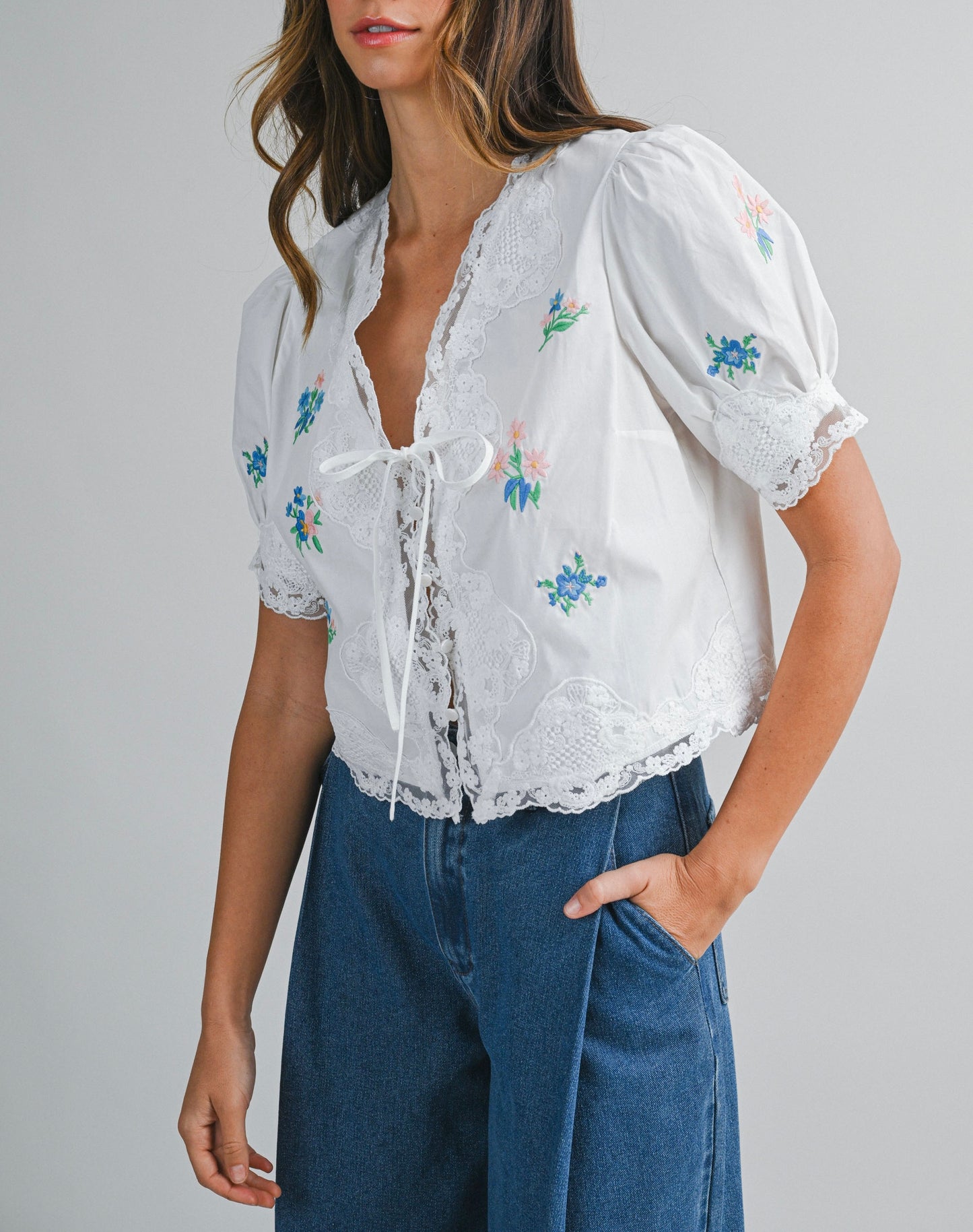 Fulton Embroidered Tie Front Top in White
