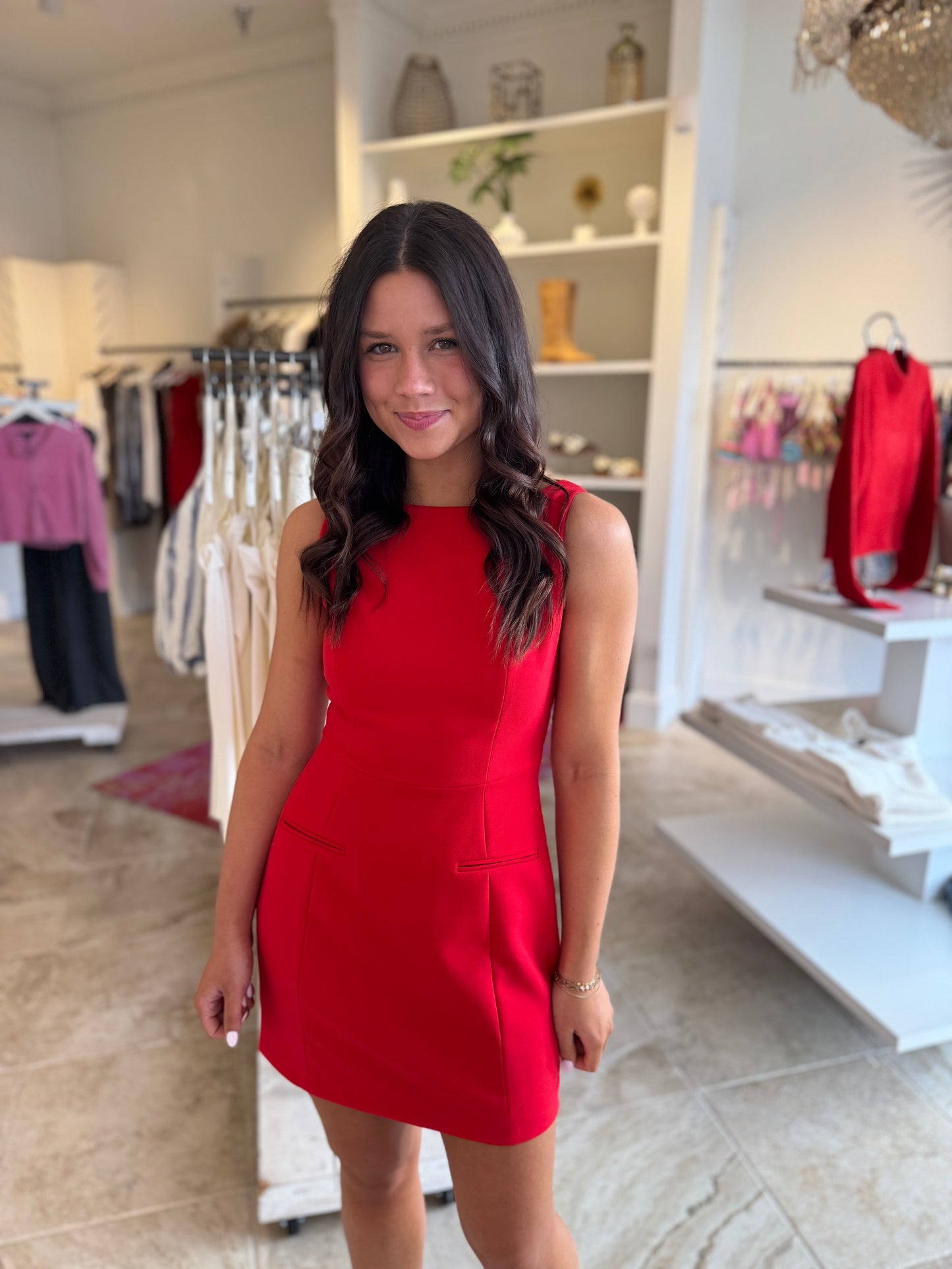 French Connection Whisper Boat Neck Dress in Crimson Red