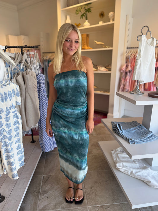 YFB Carla Strapless Midi Dress in Terra Turquoise Wash