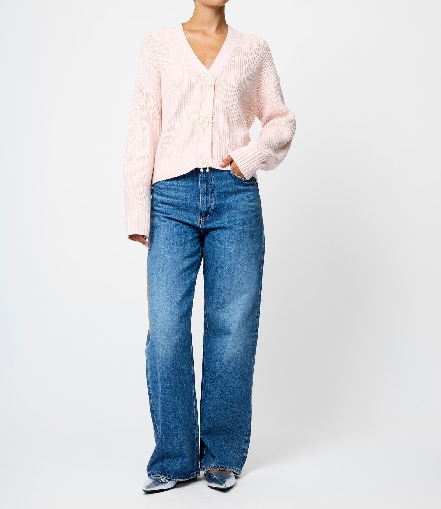 French Connection Babysoft Knit Sweater w/ Embellished Bows in Soft Blush