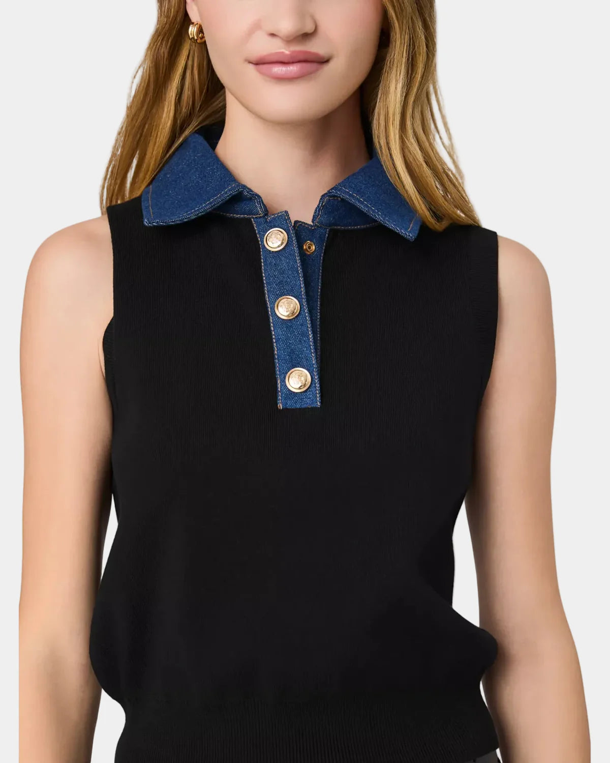 French Connection Maxime Knit Denim Collar Vest in Black