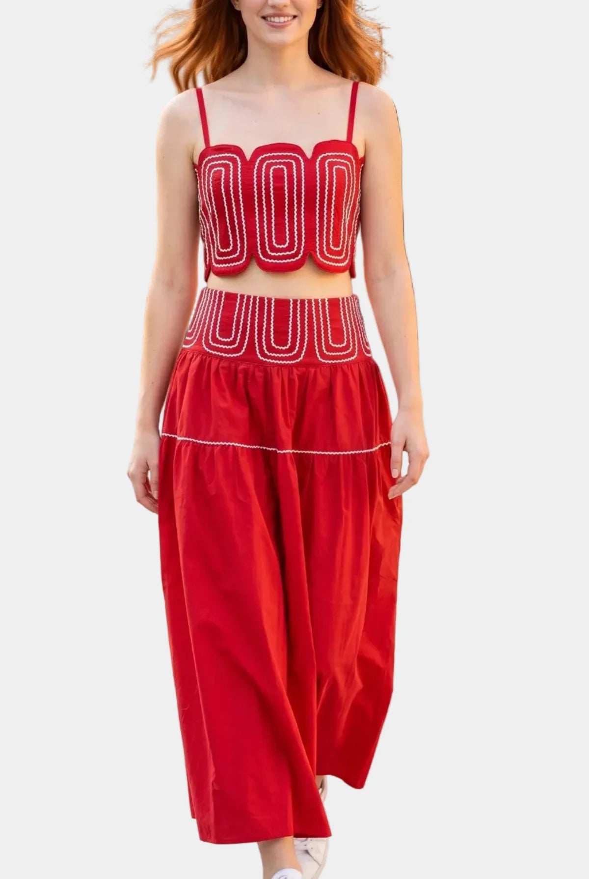 Posie Contrast Stitch Top & Skirt Set in Red White