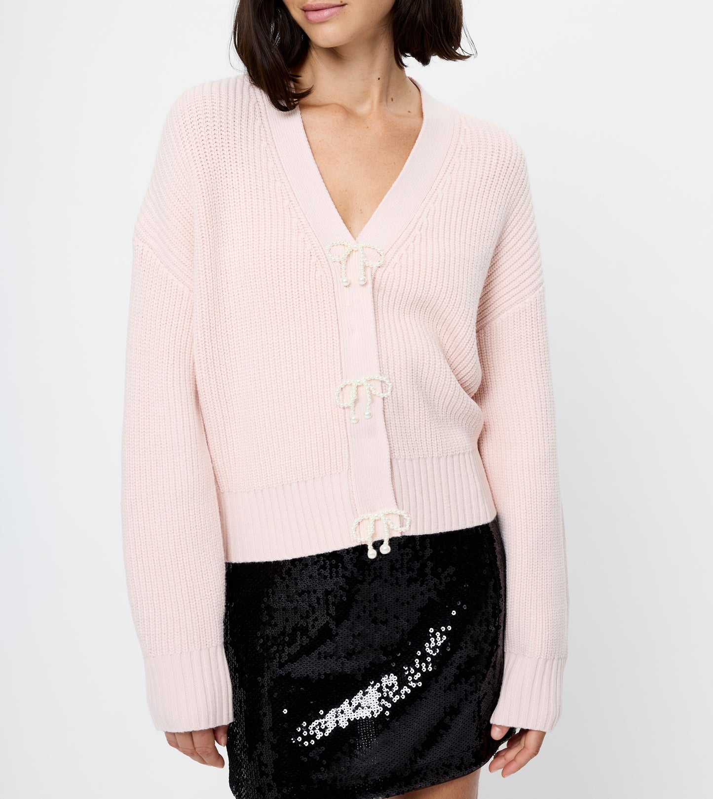 French Connection Babysoft Knit Sweater w/ Embellished Bows in Soft Blush