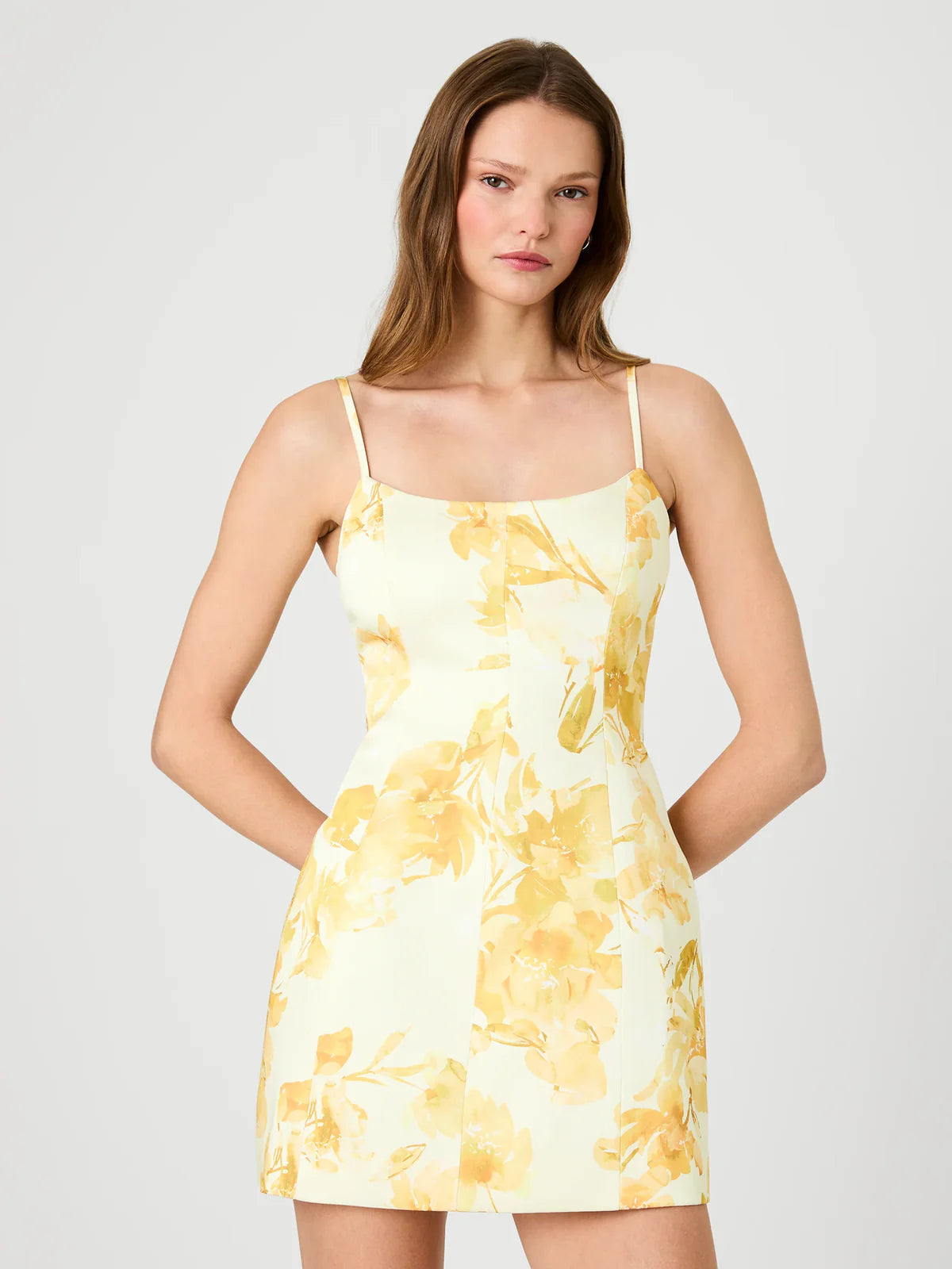 French Connection York Satin Sophie Fleur Mini Dress in Yellow