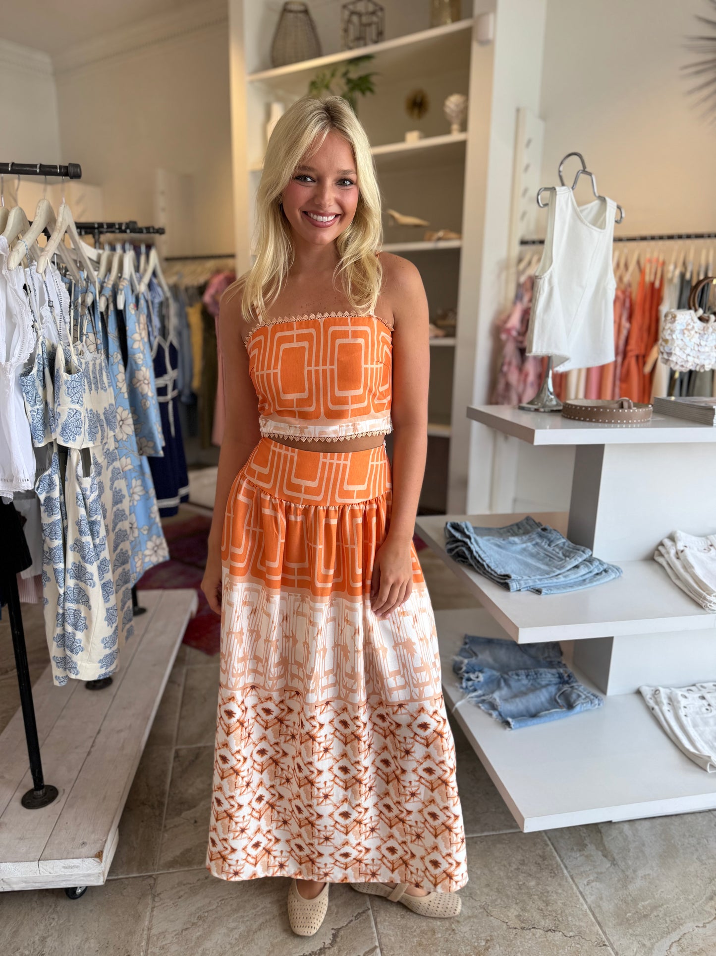 Katy Printed Top & Midi Skirt Set in Orange