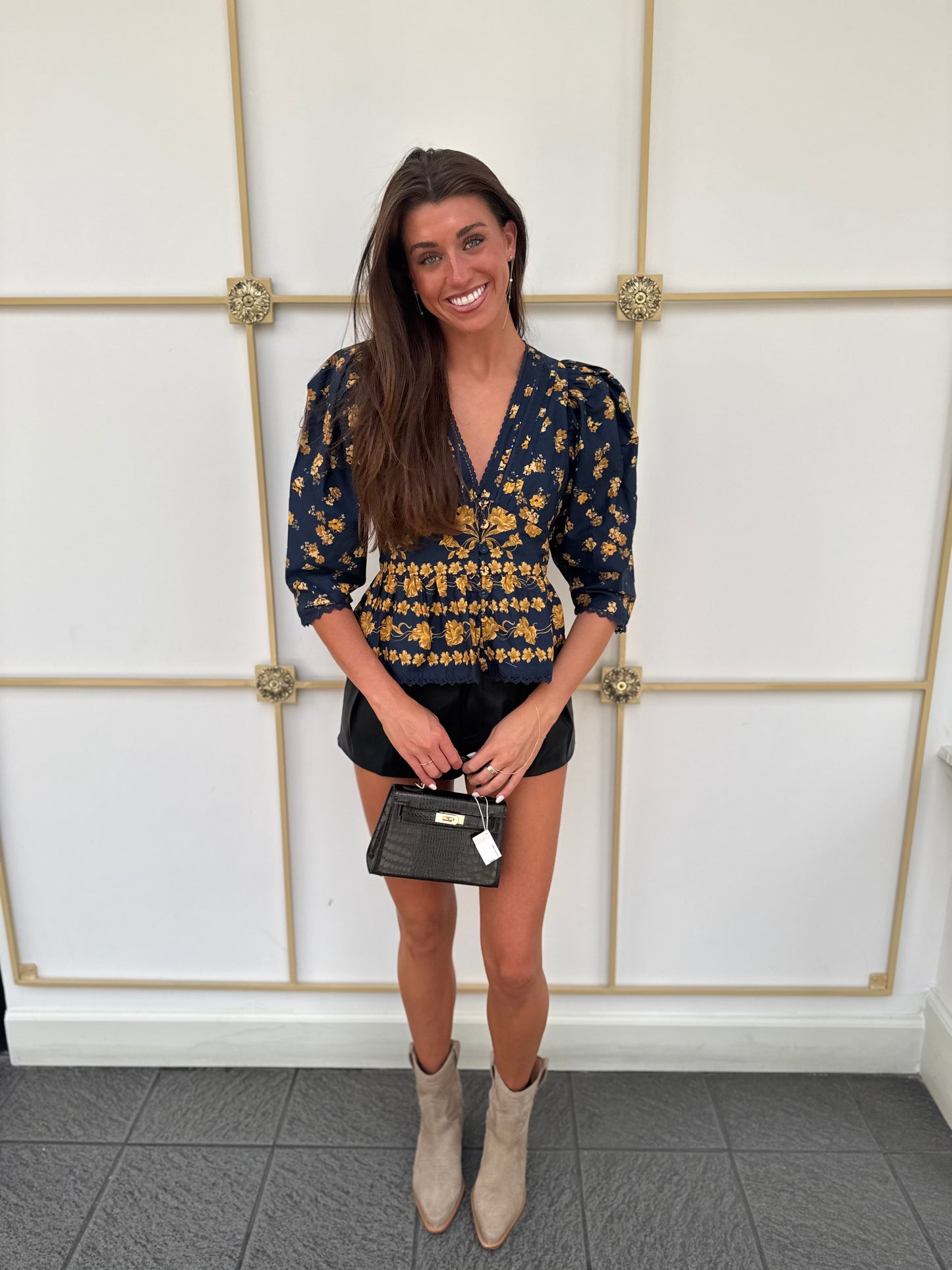 Eloise V Neck Blouse in Navy / Gold
