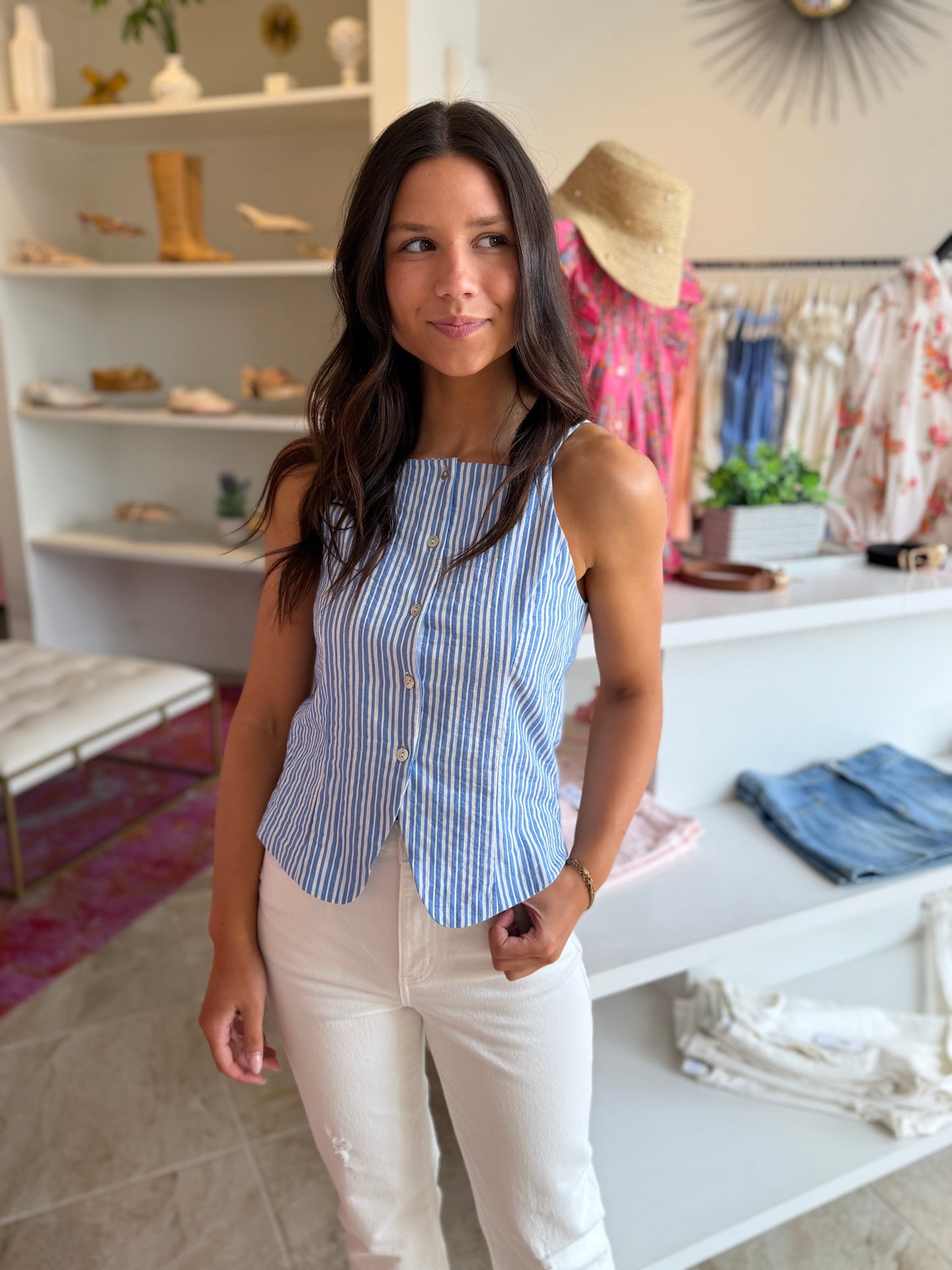 A.Ren Aster Striped Button Top in Blue