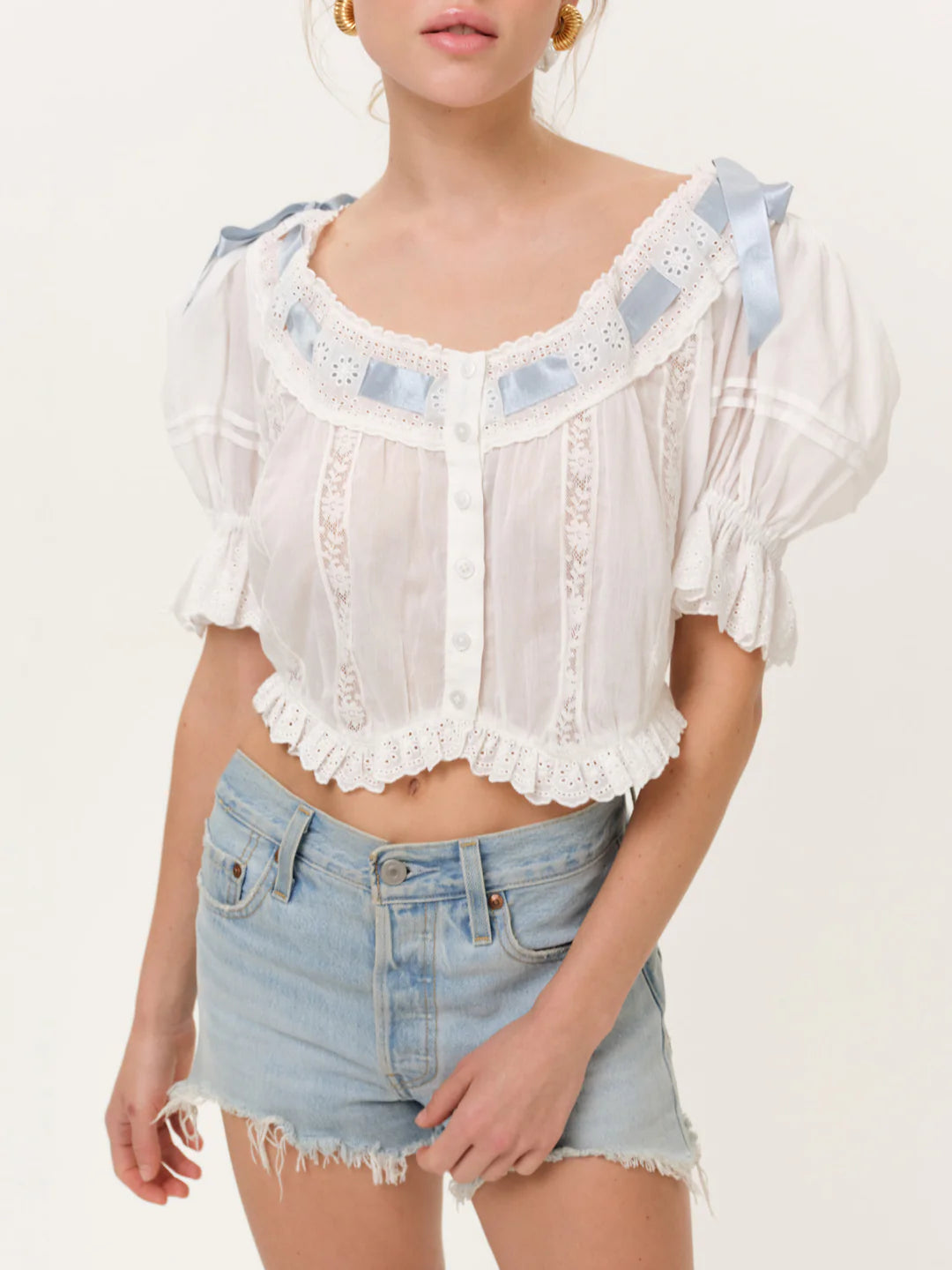 For Love & Lemons Fable Top in White Blue