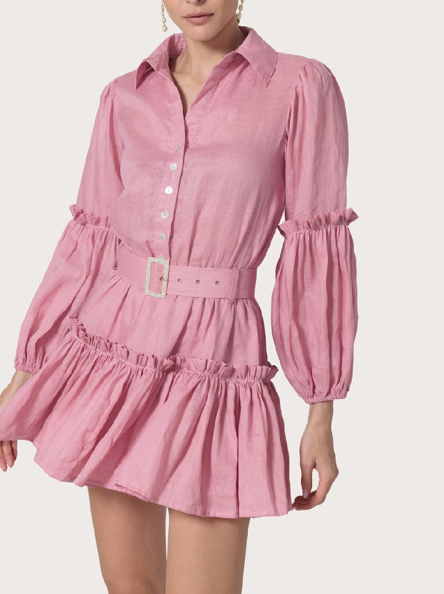 Lusana Lucia Belted Mini Linen Dress in Rose