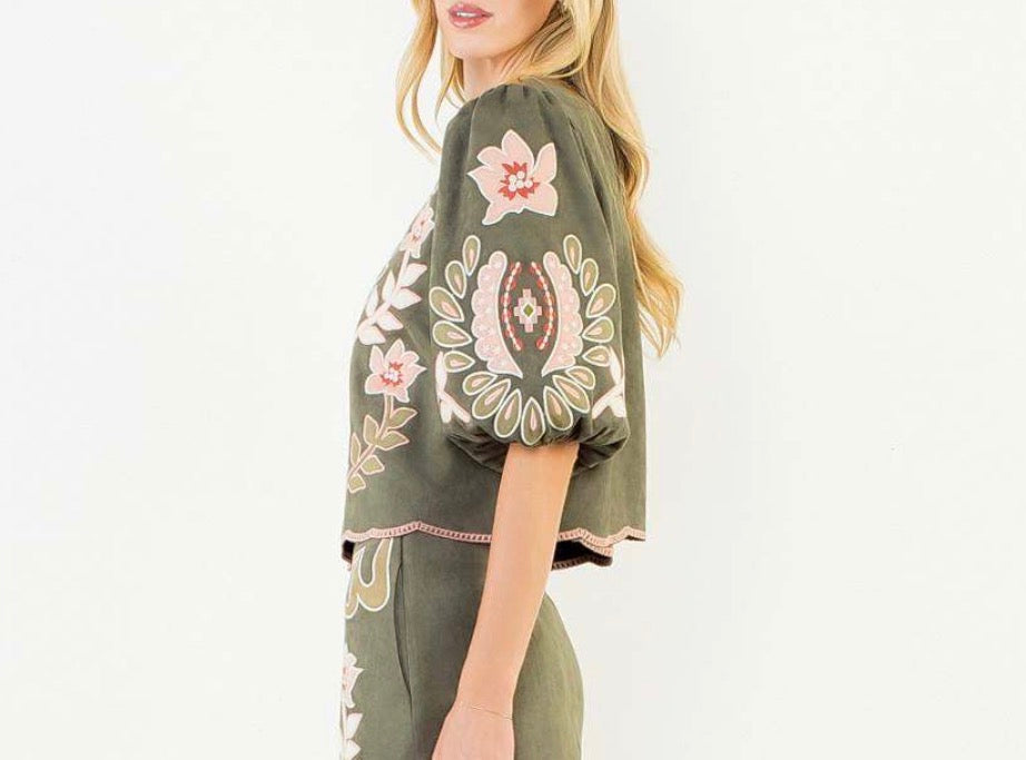 Vernon Suede Embroidered Blouse in Olive