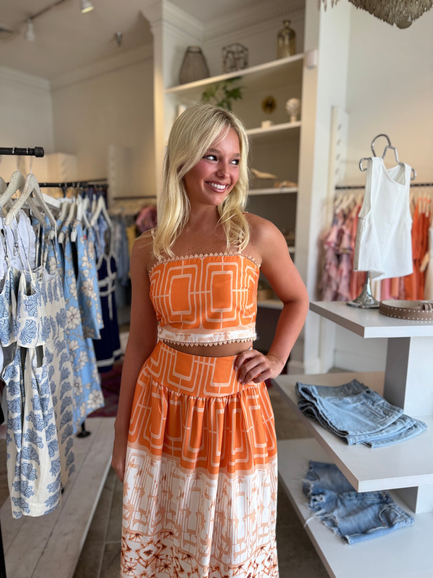 Katy Printed Top & Midi Skirt Set in Orange