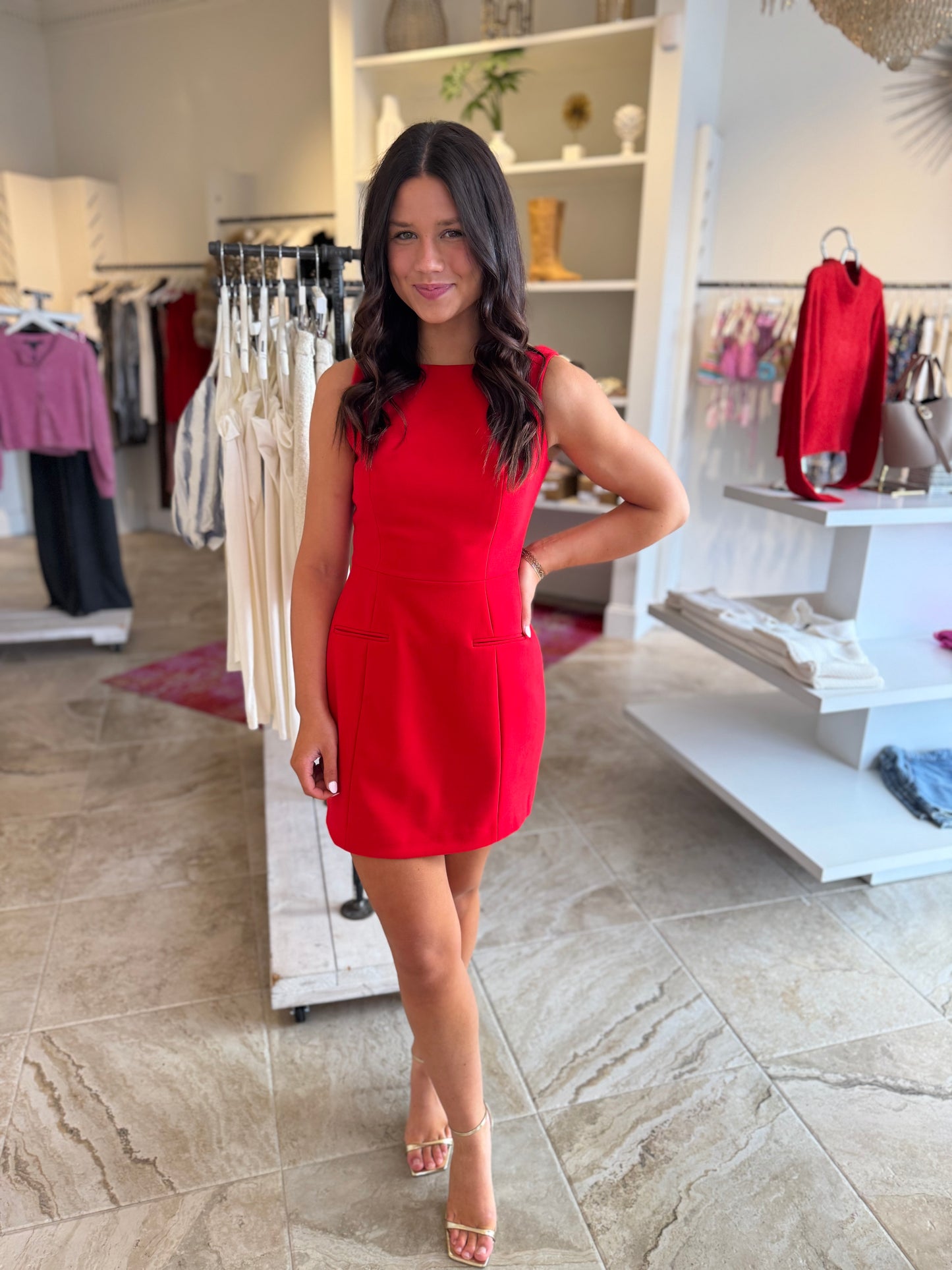 crimson red dress French Connection Whisper Boat Neck Dress in Crimson Red – Dsquared Nashville
