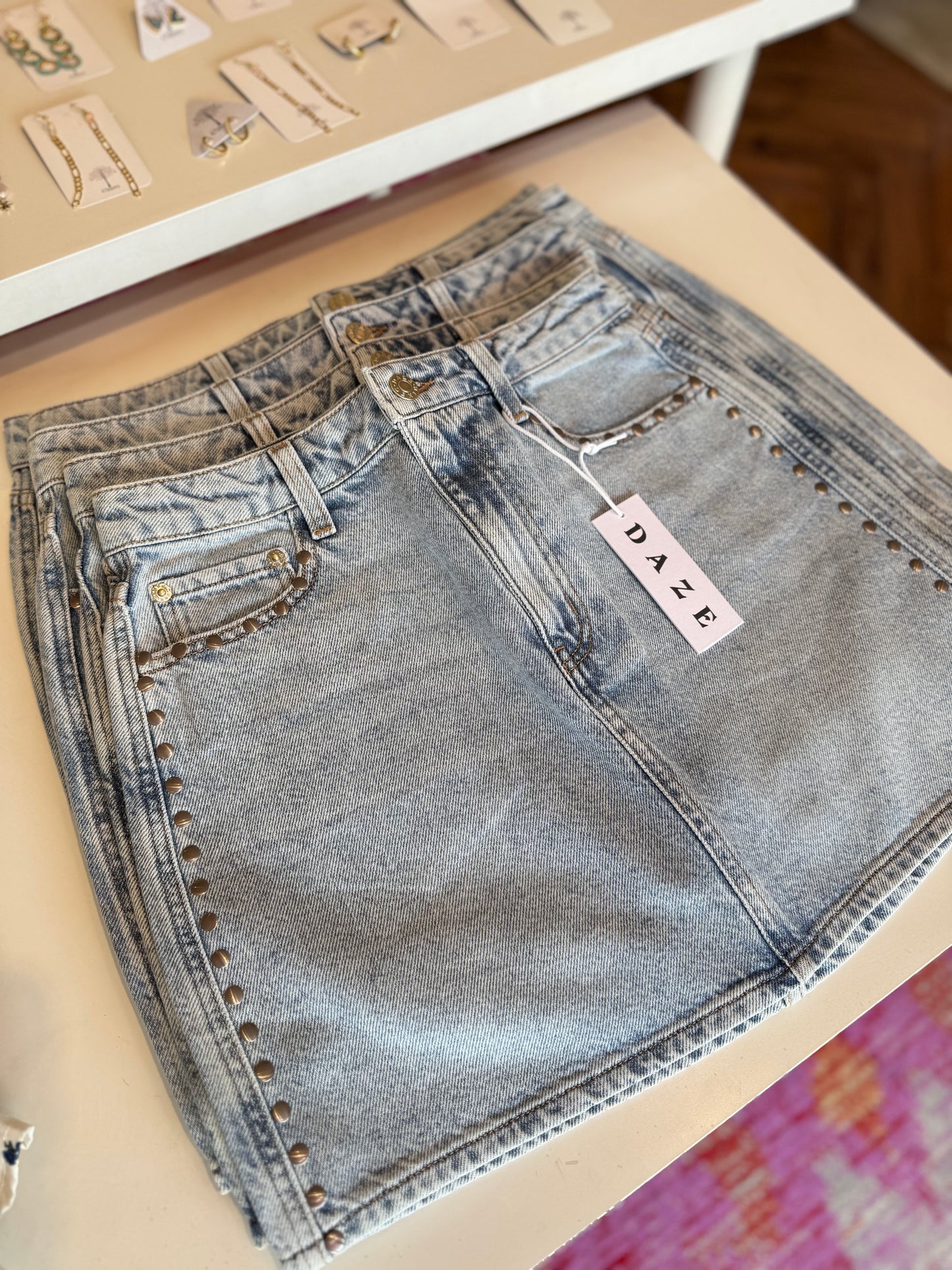 Daze Stash High Rise Mini Denim Skirt in Lets Dance