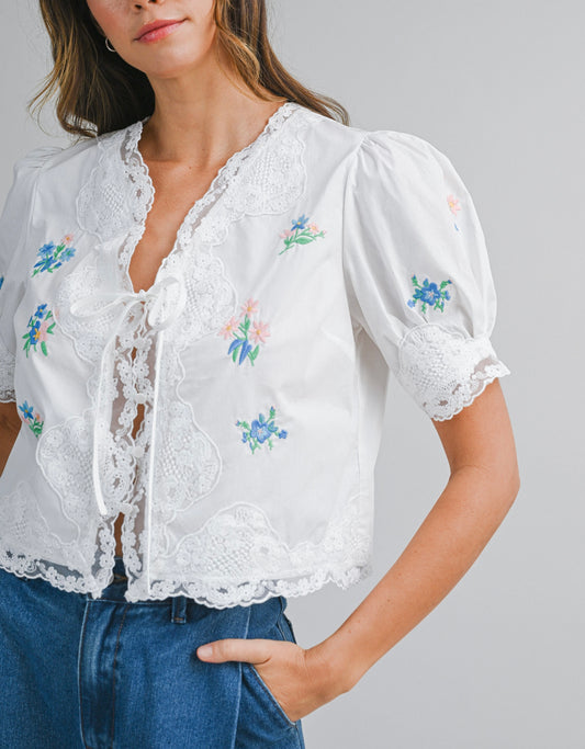 Fulton Embroidered Tie Front Top in White