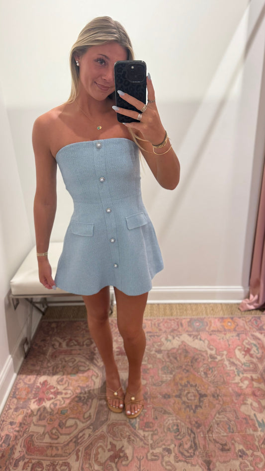 Megan Strapless Button Front Dress in Light Blue