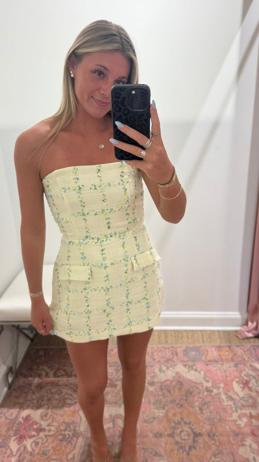 Gigi Tweed Strapless Mini Dress in Light Yellow