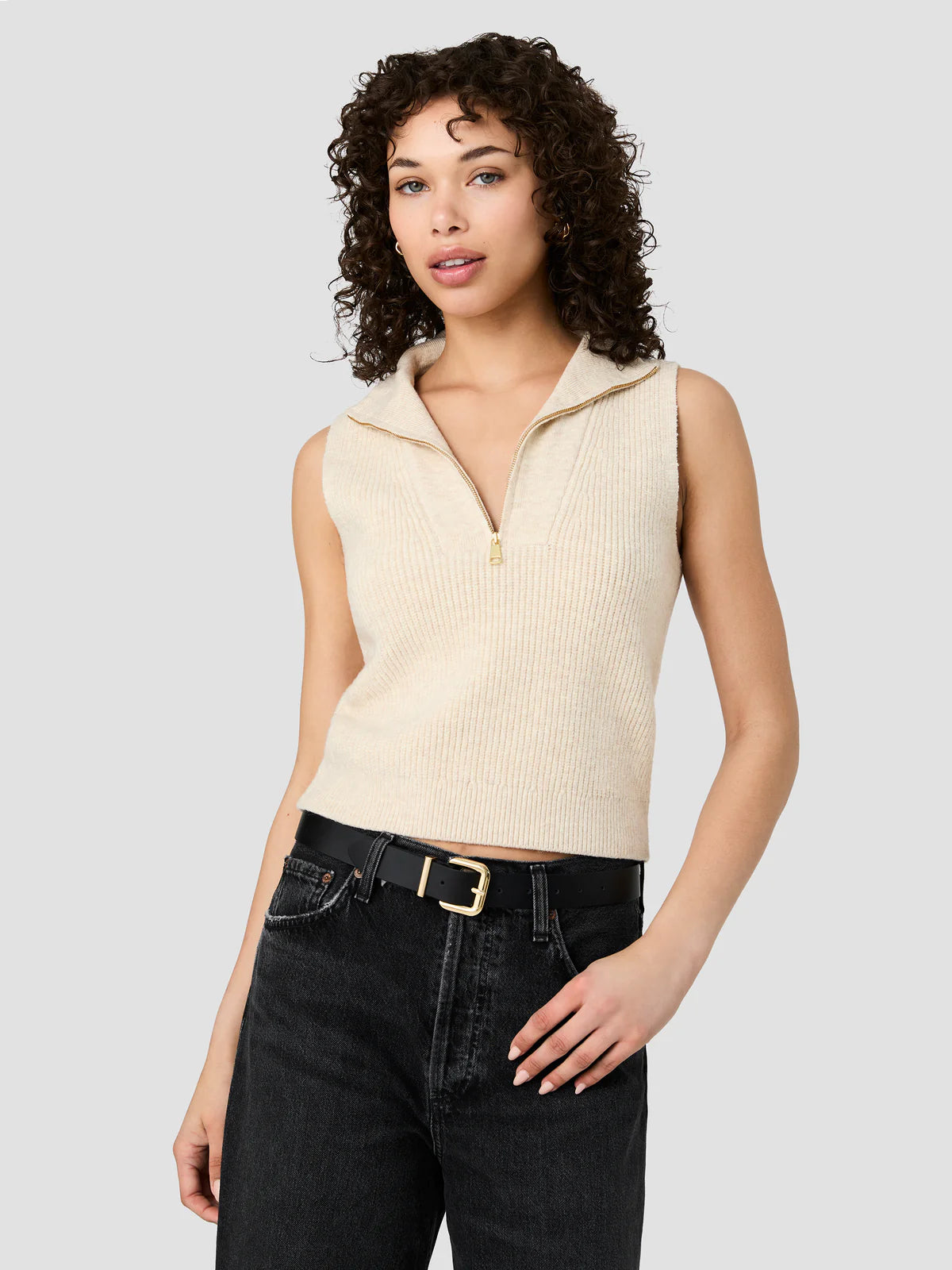 French Connection Marley Knit Half Zip Rib Vest in Oatmeal
