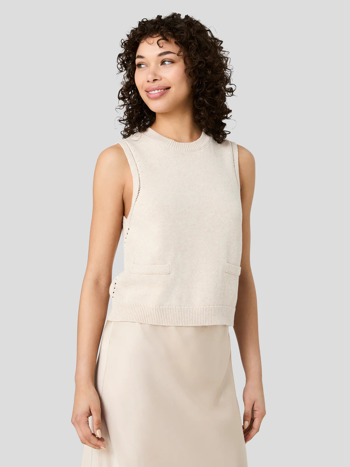 French Connection Mozart Sleeveless Pointelle Top in Oatmeal