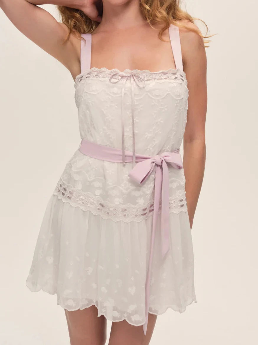 For Love & Lemons Noah Embroidered Mini Dress in Vintage Cream