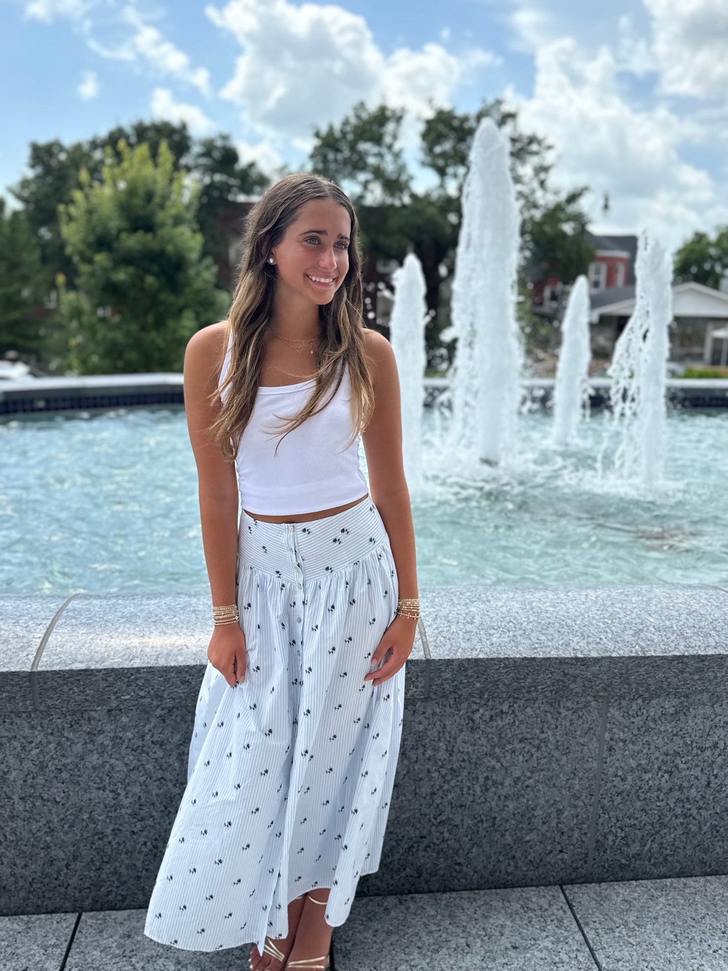 En Saison Veronica Maxi Skirt in White Blue Navy