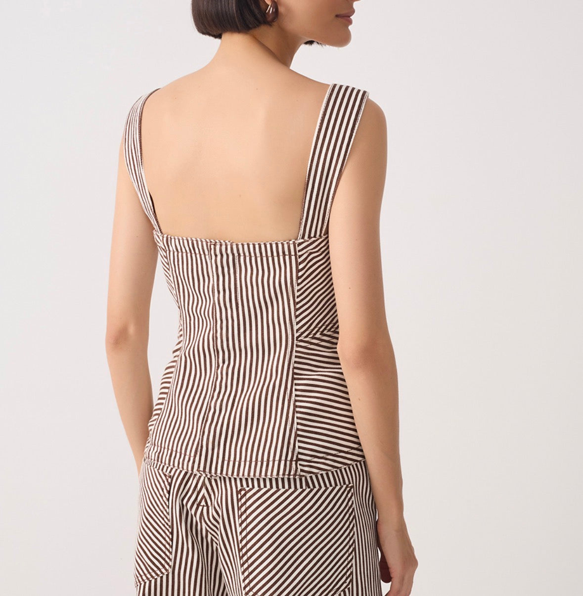 Dress To Asymmetric Twill Corset Top in Brown Stripes