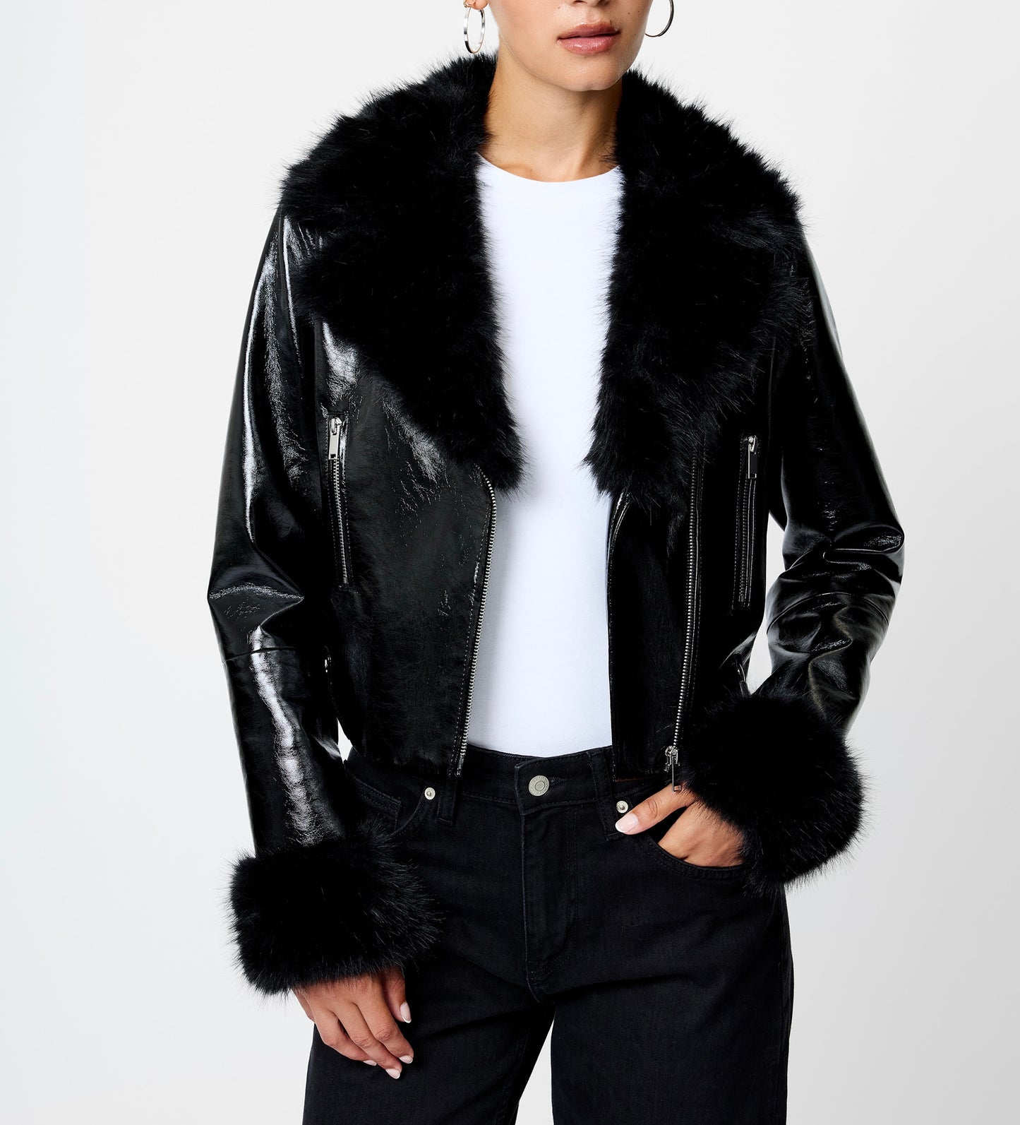 French Connection Camryn Crinkled Moto Jacket in Black