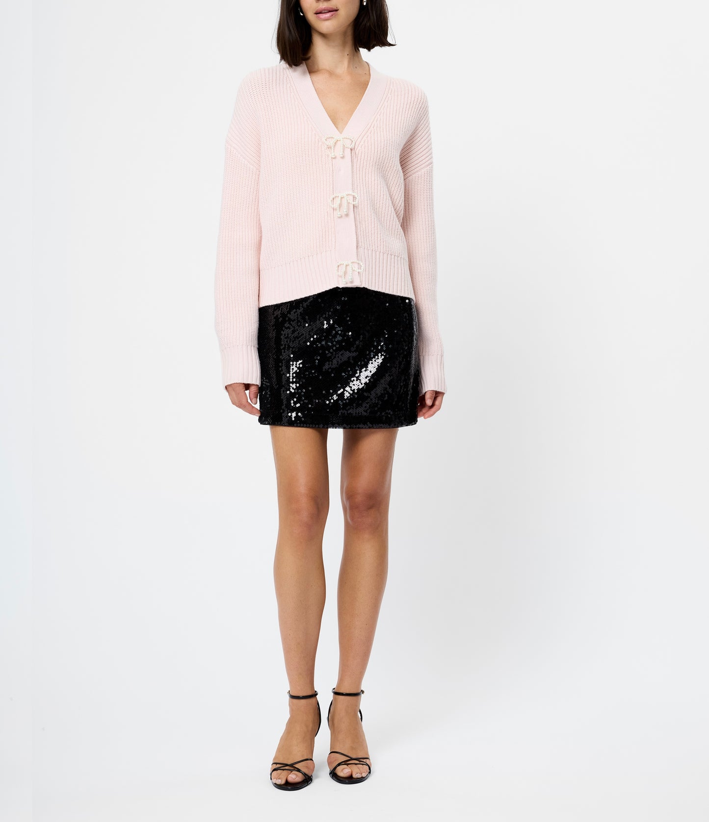 French Connection Babysoft Knit Sweater w/ Embellished Bows in Soft Blush