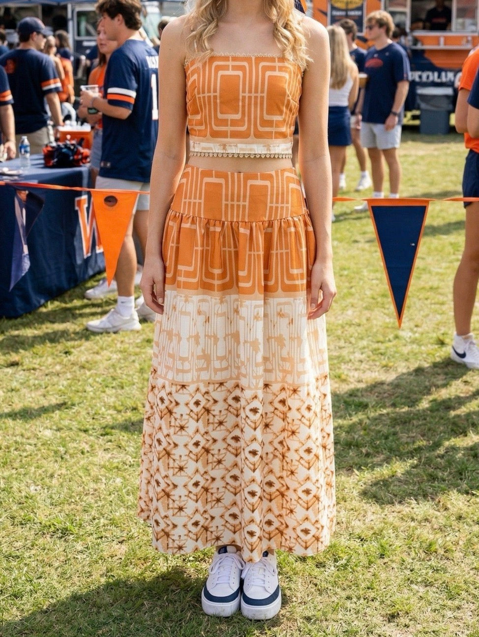 Katy Printed Top & Midi Skirt Set in Orange