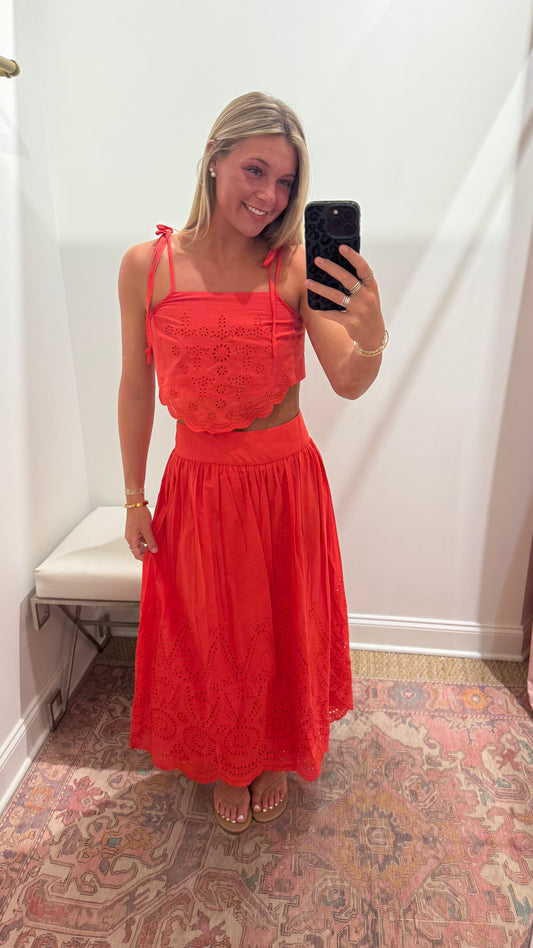 Ava Embroidered Top & Midi Skirt Set in Red