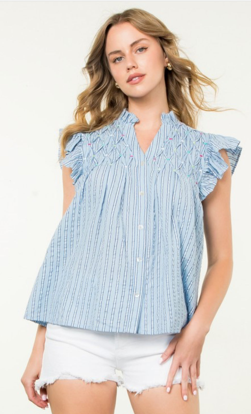 Jennie Stripe Button Down Embroidered Top