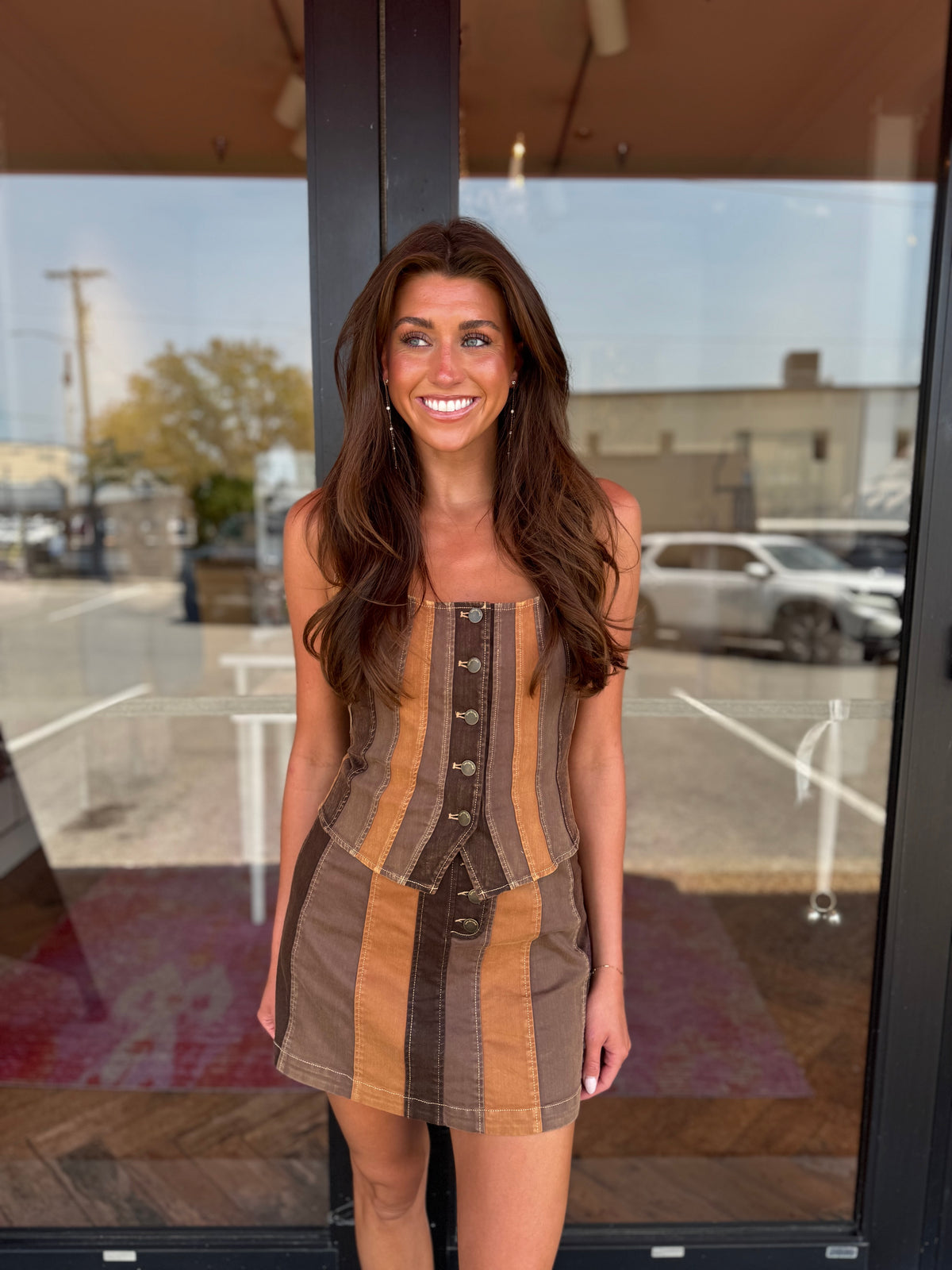 Love The Label Lenora Top in Brown Paneled Denim