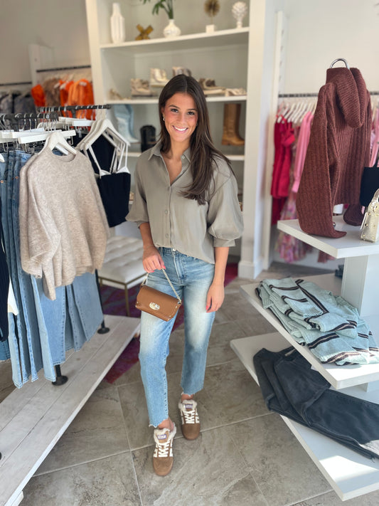 Cadence Button Down Top in Olive