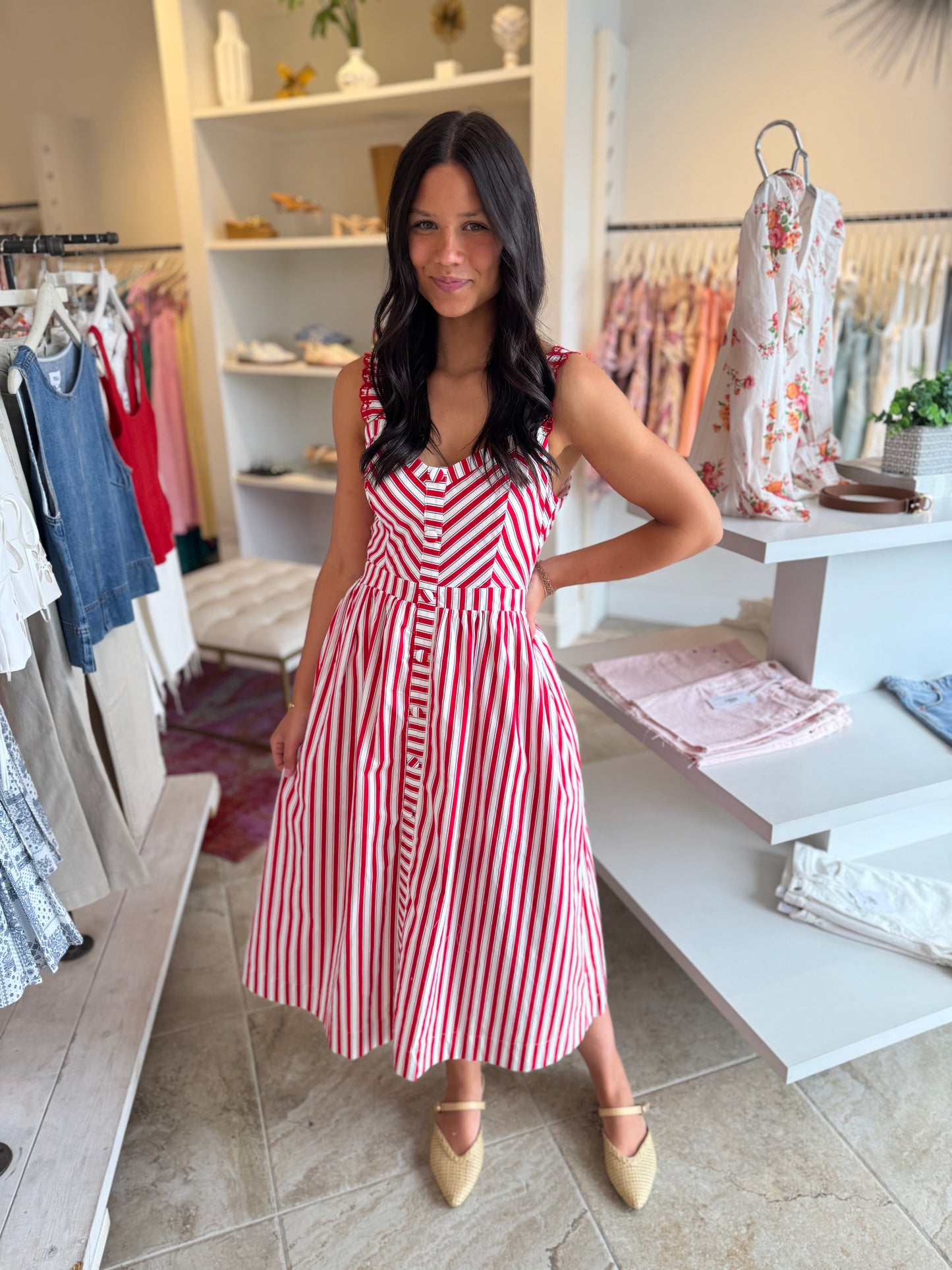 Rylee Striped Midi Dress in Red