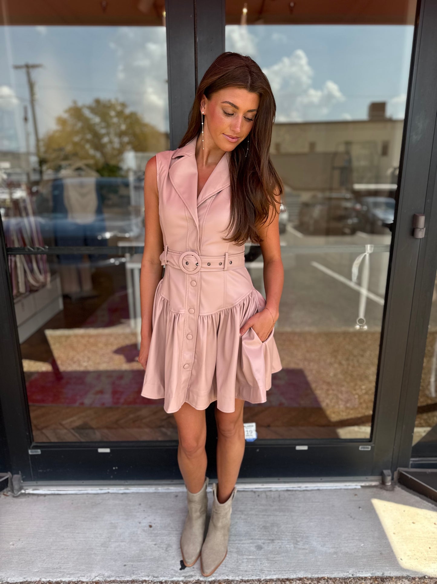 Tucker Faux Leather Belted Dress in Dusty Pink