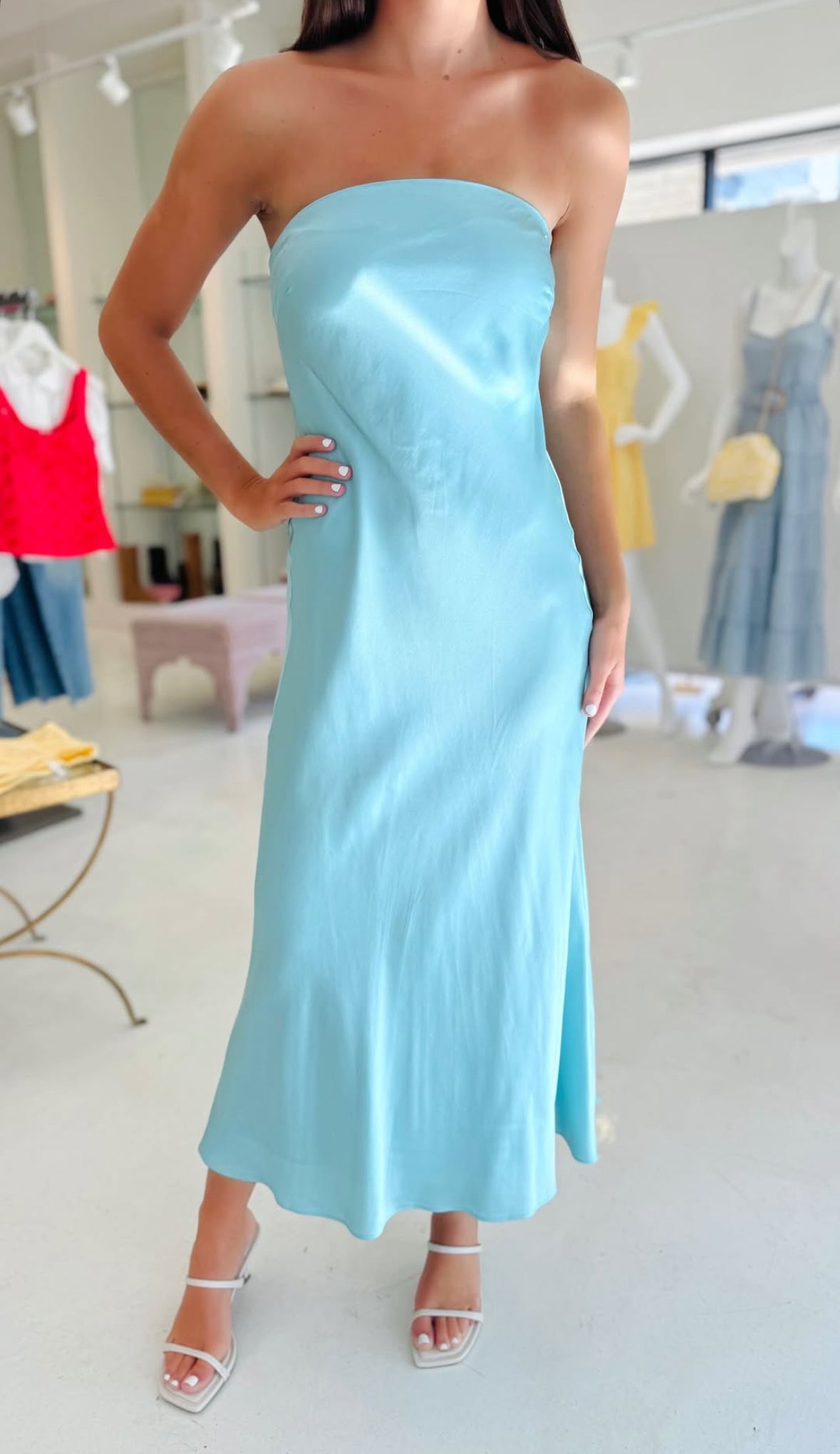 French Connection Oona Satin Strapless Midi Dress