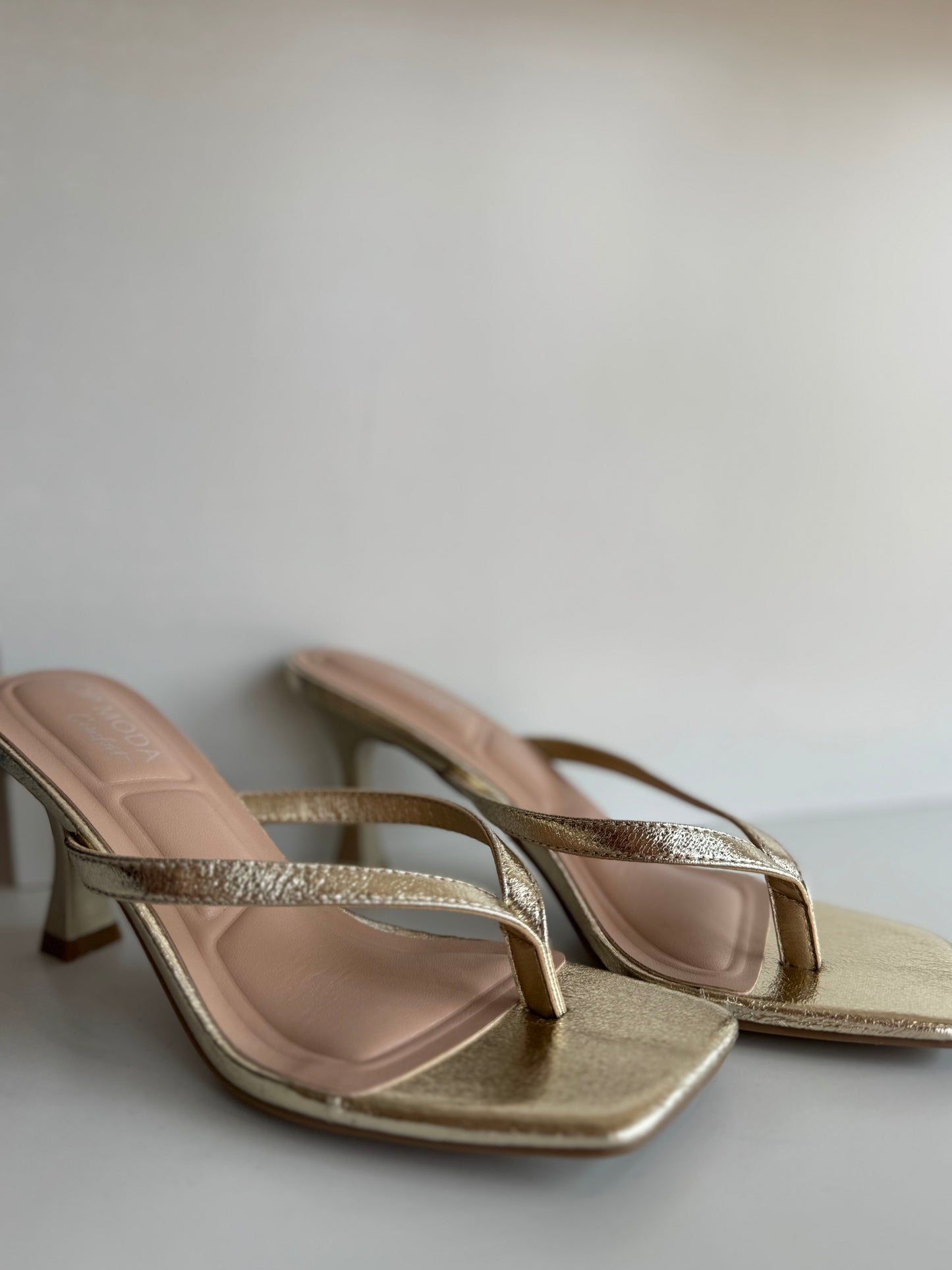 Sabrina Square Toe Thong Kitten Heel in Gold