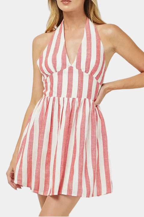 Jenna Linen Halter Stripe Mini Dress in Red