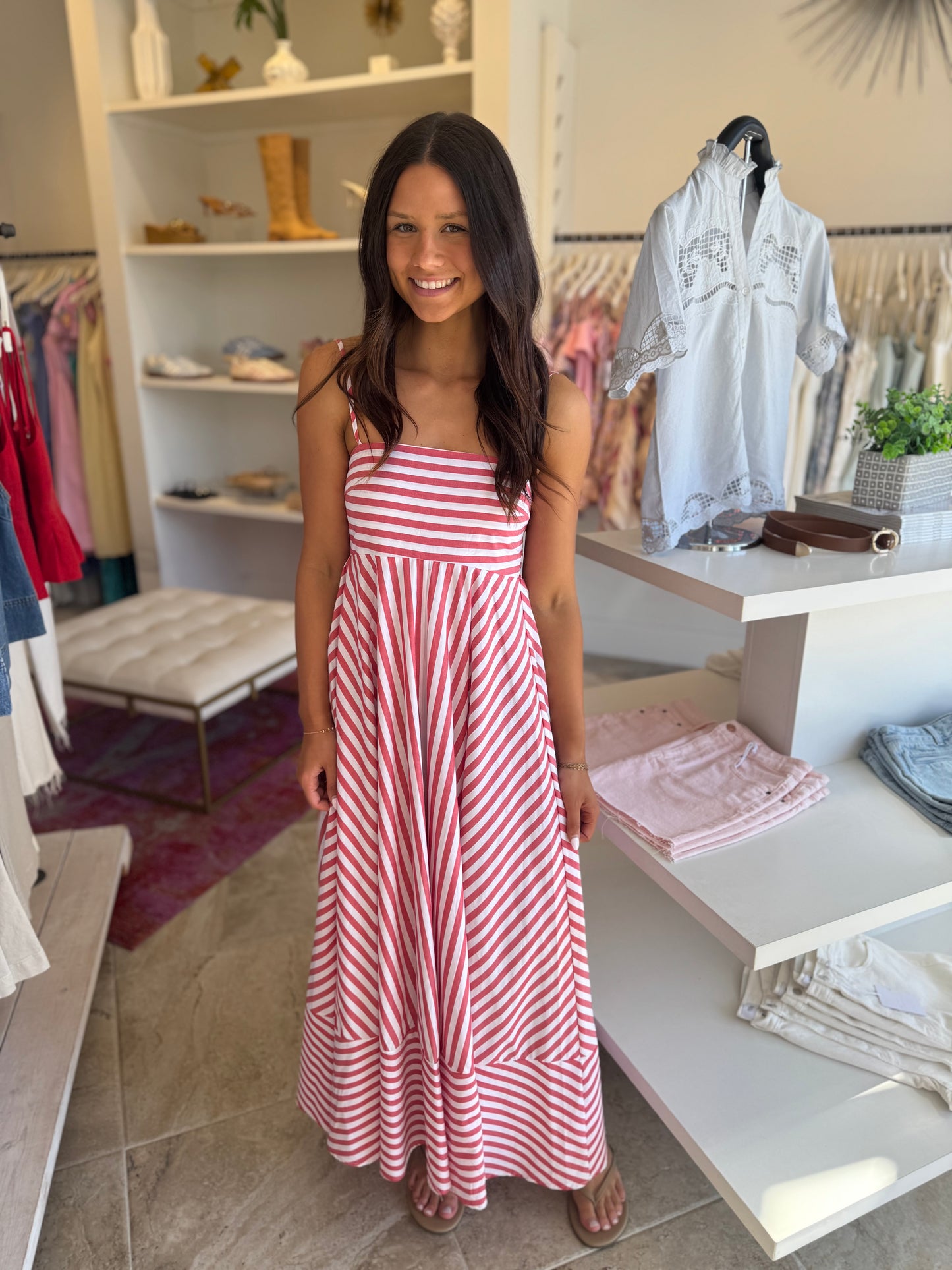 Sabrina Stripe Midi Dress in Red
