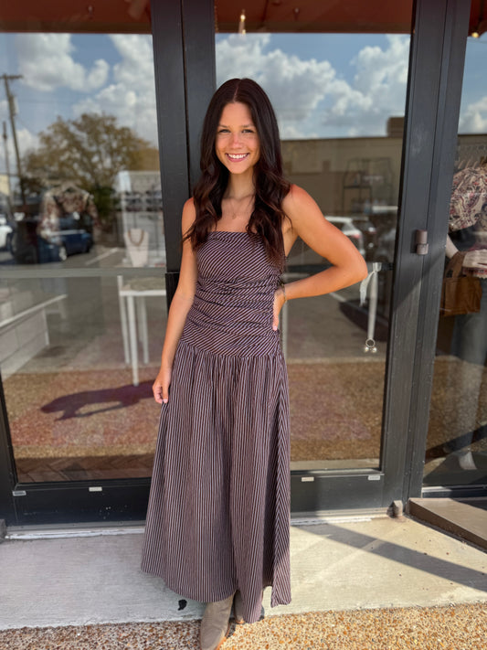 Rome Strapless Striped Midi Dress in Brown