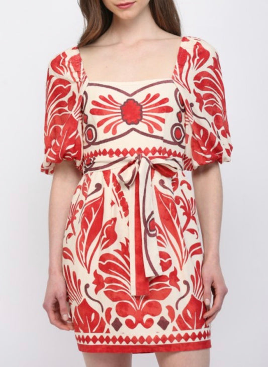 Reagan Tie Waist Mini Dress in Ivory Red