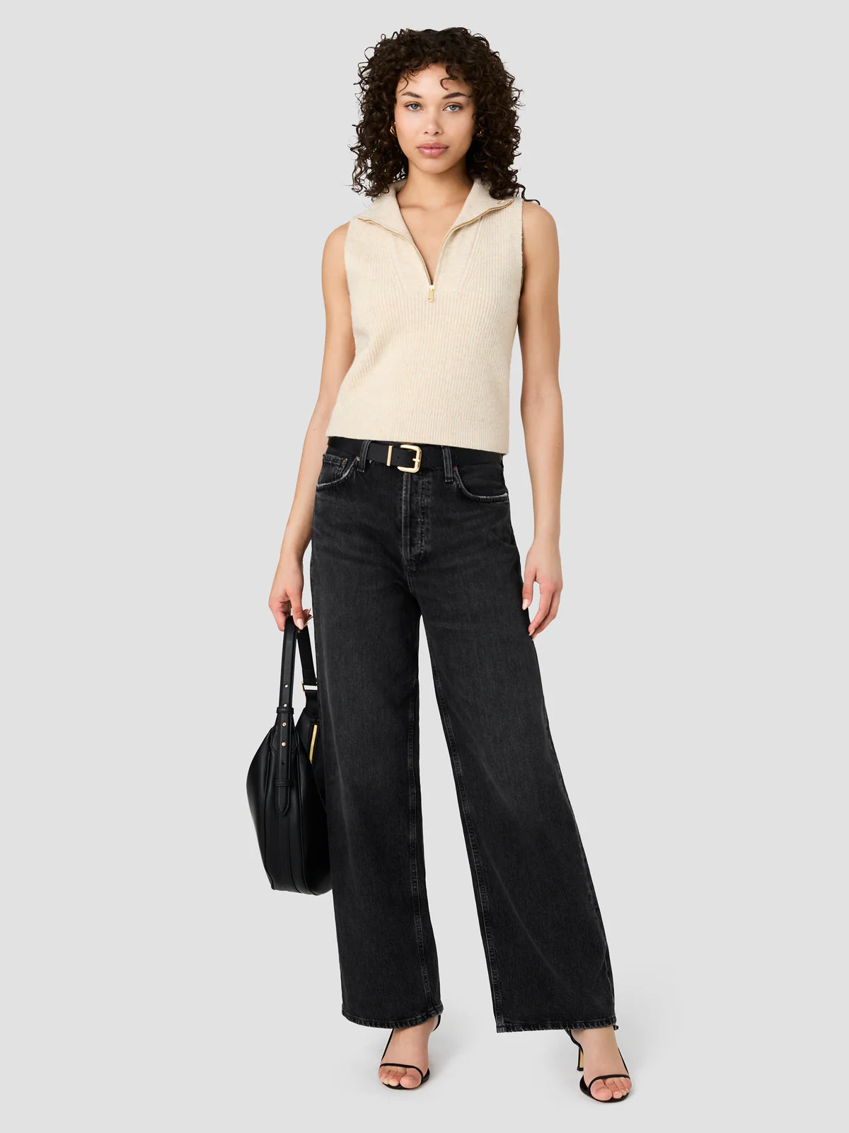 French Connection Marley Knit Half Zip Rib Vest in Oatmeal