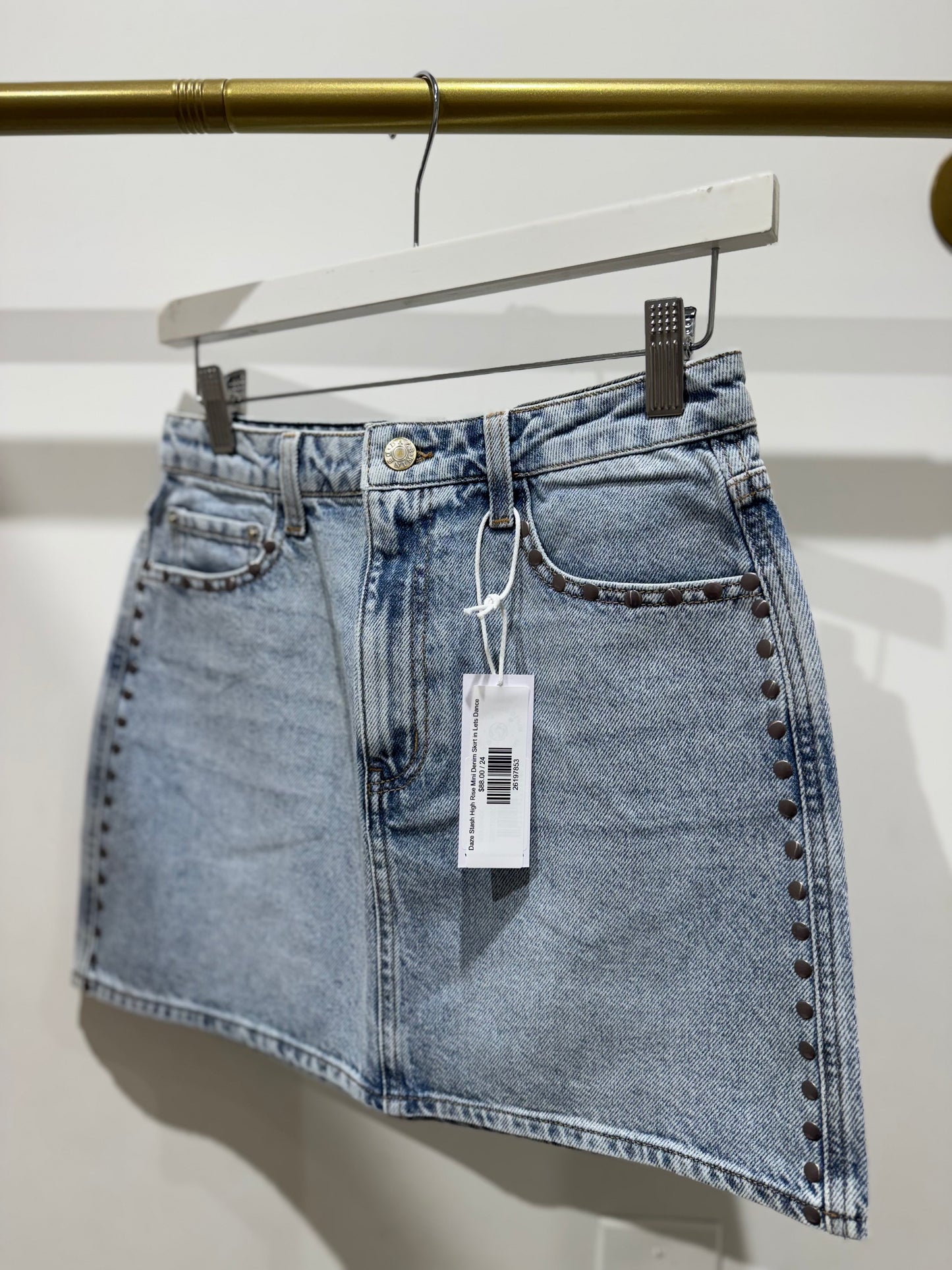 Daze Stash High Rise Mini Denim Skirt in Lets Dance
