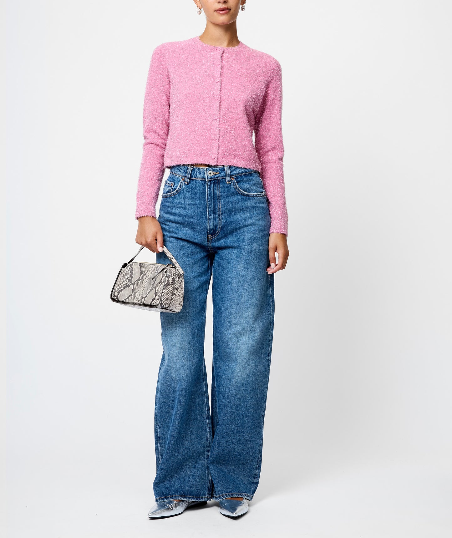 French Connection Tinsel Knit Slim Cardigan in Taffy Pink