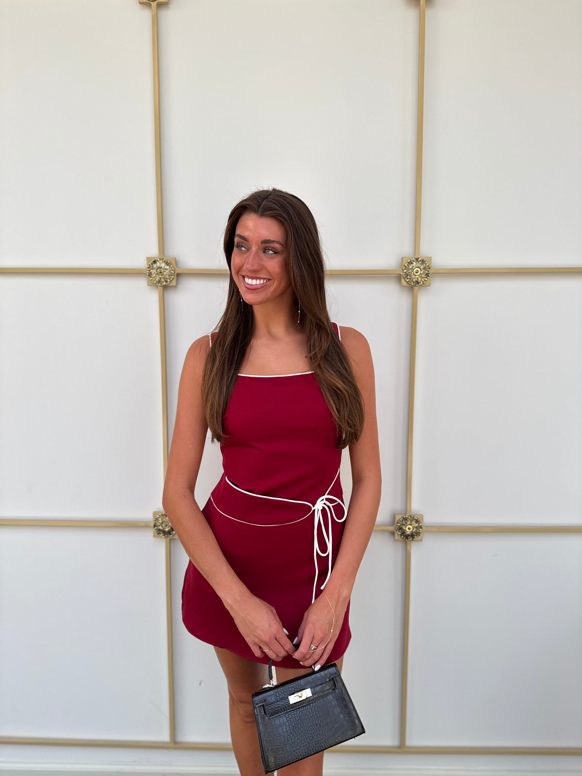 Avah Contrast Piping Belted Mini Dress in Crimson / White