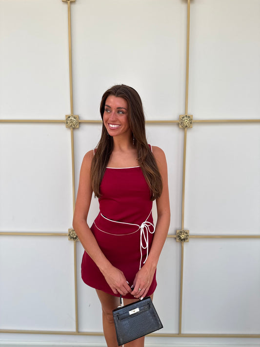 Avah Contrast Piping Belted Mini Dress in Crimson / White