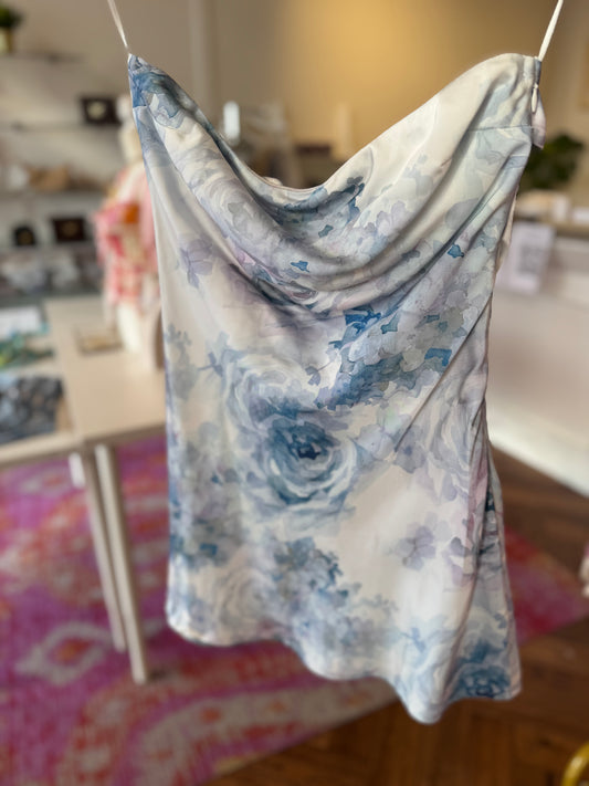 Maddie Cowl Back Satin Mini Dress in Blue Combo