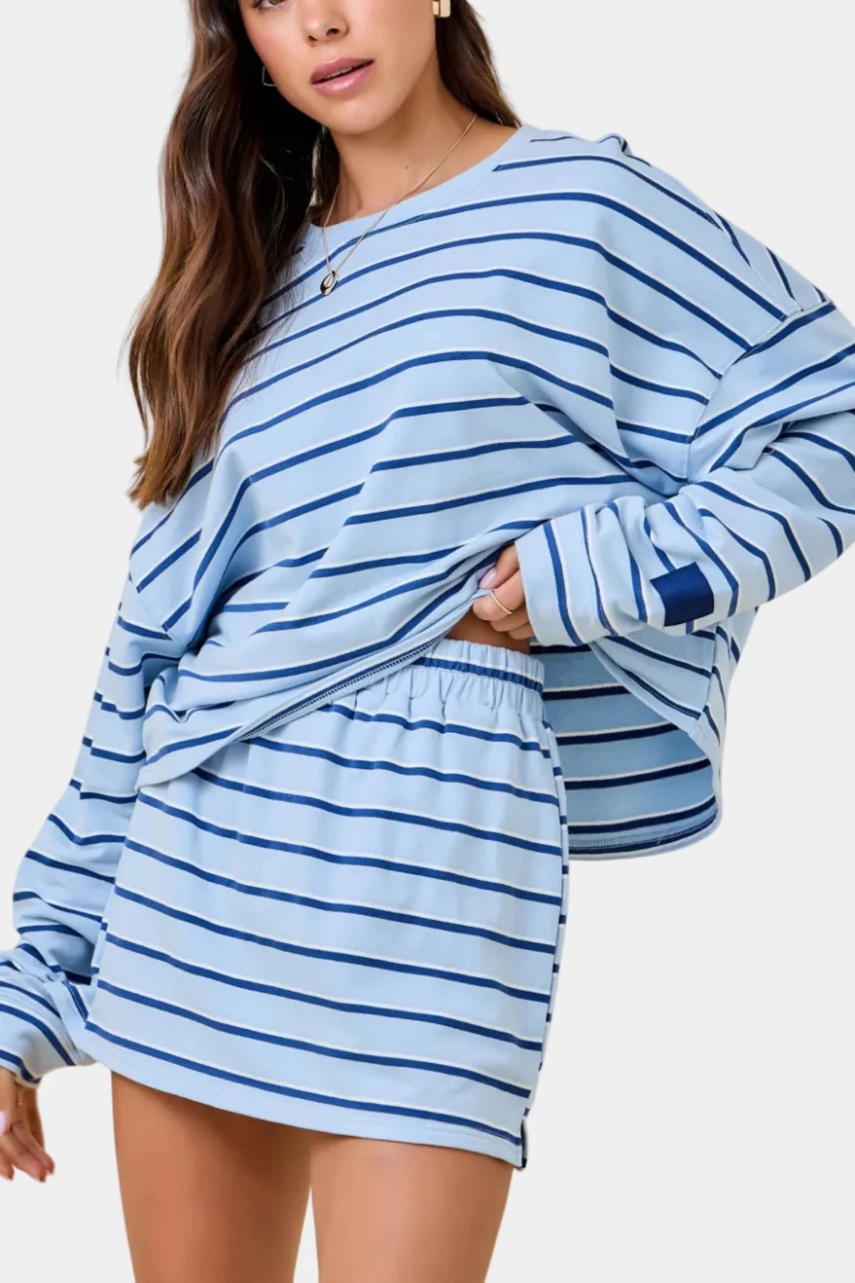 Mary Striped Sweatshirt & Skort Set in Baby Blue / Navy