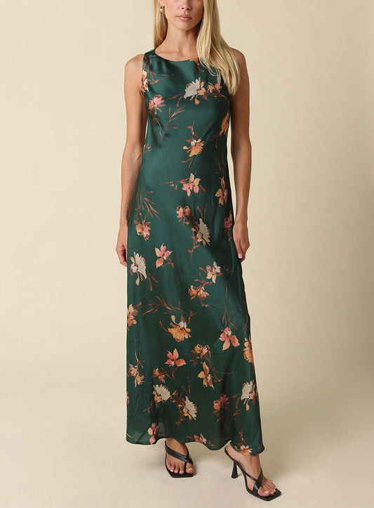 Denver Floral Maxi Dress in Dark Green Peach