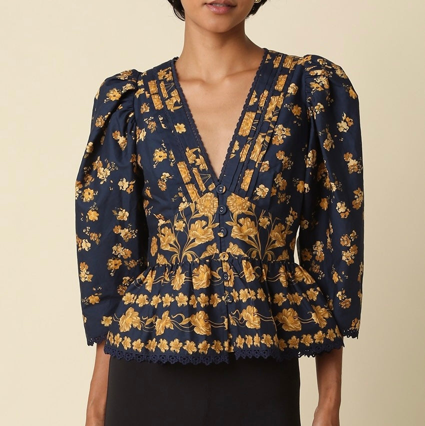 Eloise V Neck Blouse in Navy / Gold
