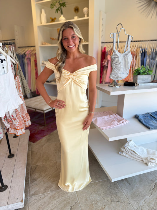 Katie May Liu Knotted Off Shoulder Gown in Butter Yellow